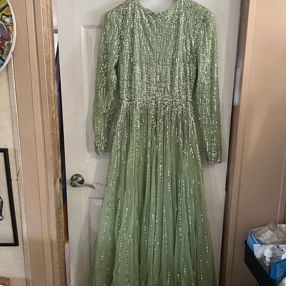 Mac Duggal Green Sequin Long Sleeve Gown - Picture 3 of 5